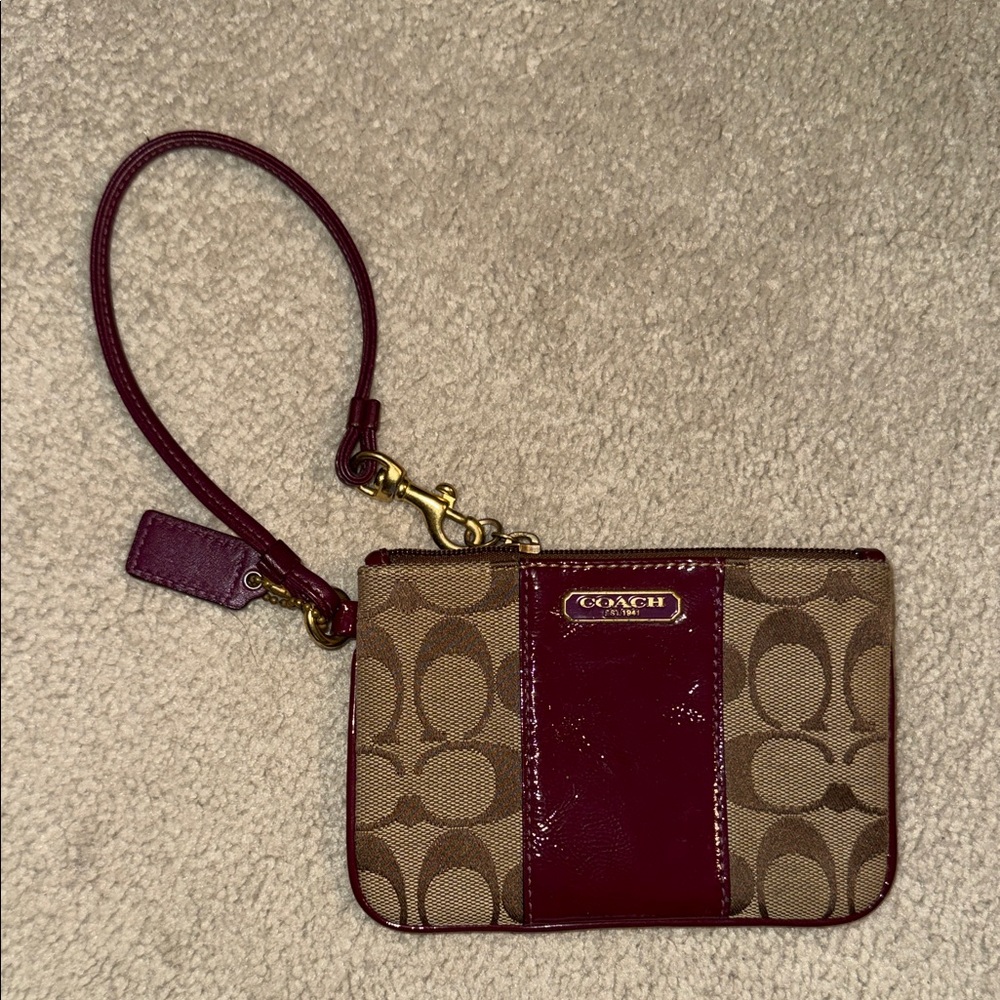 Coach Tan and Burgundy Signature Wristlet